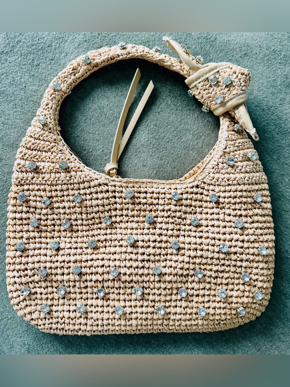 Urban Expressions Beige Raffia Bag with Crystal Studs